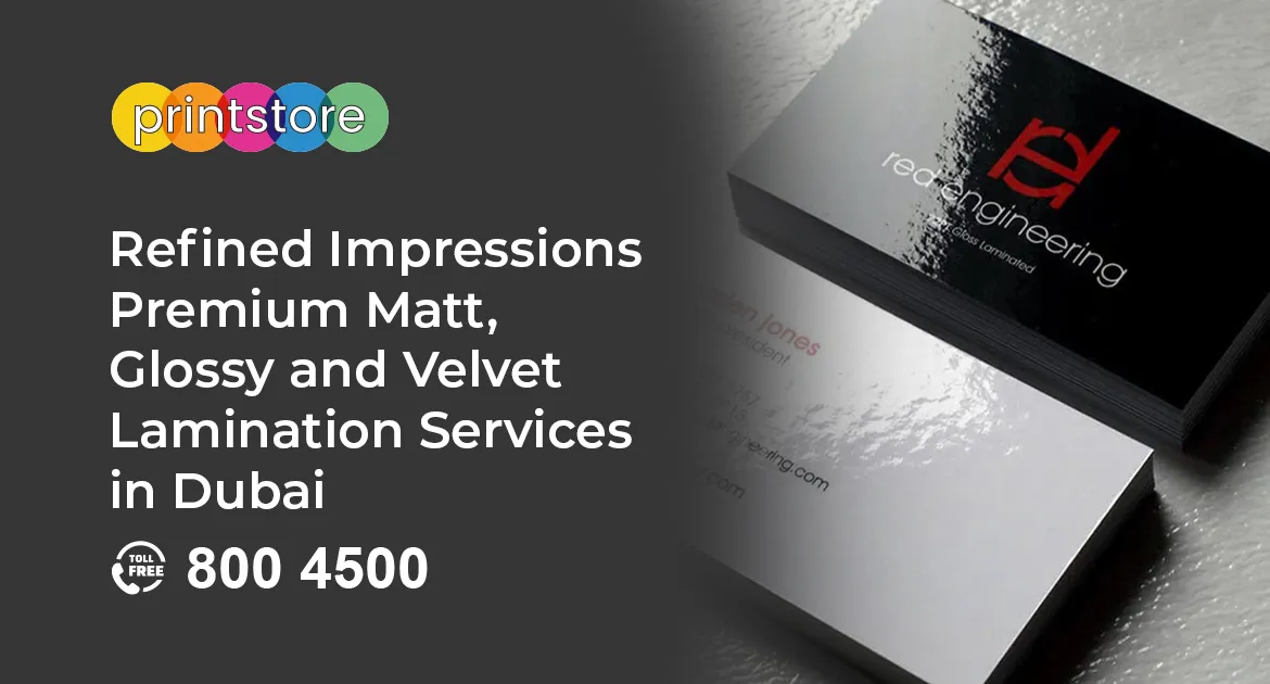 A stack of business cards with glossy and velvet lamination, showcasing Matt Glossy and Velvet Lamination Services in Dubai.