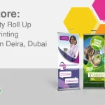 Top quality roll up banner displaying a vibrant and professional design at a trade show in Deira, Dubai.