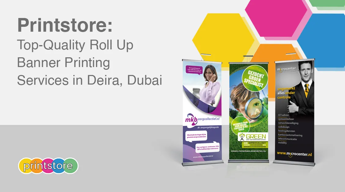 Top quality roll up banner displaying a vibrant and professional design at a trade show in Deira, Dubai.